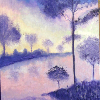 Pintura titulada "Laguna violeta" por Mercedes Gordo, Obra de arte original, Oleo Montado en Panel de madera