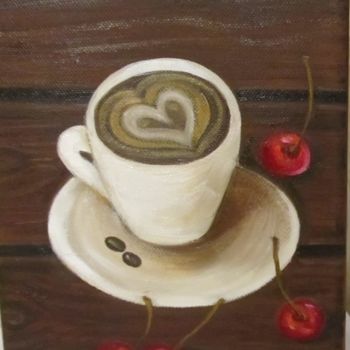 Painting titled "Coffee with cherries" by Tatiana Shirova, Original Artwork, Oil