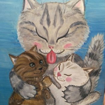 Картина под названием "Mother cat" - Tatiana Shirova, Подлинное произведение искусства, Масло