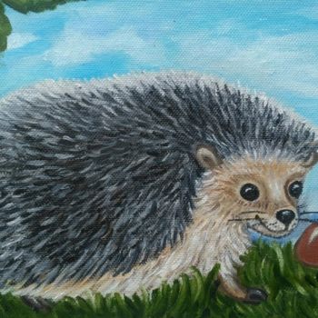 Schilderij getiteld "hedgehog and mushro…" door Tatiana Shirova, Origineel Kunstwerk, Olie