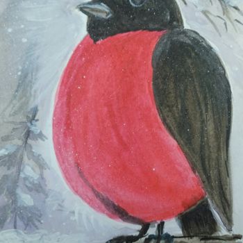 Malerei mit dem Titel "Snow bullfinch" von Tatiana Shirova, Original-Kunstwerk, Aquarell