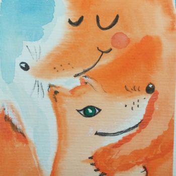 Malerei mit dem Titel "Cute foxes" von Tatiana Shirova, Original-Kunstwerk, Aquarell