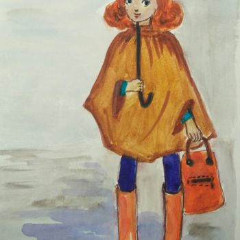 Pintura intitulada "Girl with an umbrel…" por Tatiana Shirova, Obras de arte originais, Aquarela