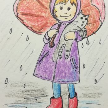 绘画 标题为“Cat and Rain” 由Tatiana Shirova, 原创艺术品, 水彩