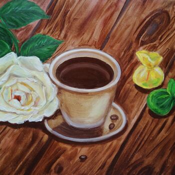 제목이 "Coffee and rose"인 미술작품 Tatiana Shirova로, 원작, 기름 나무 들것 프레임에 장착됨