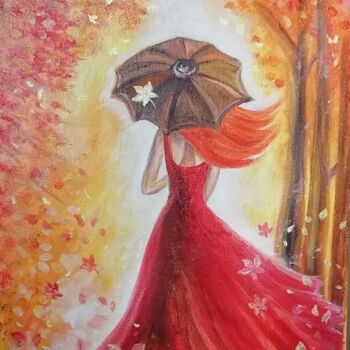 Painting titled "Lady autumn" by Tatiana Shirova, Original Artwork, Oil Mounted on Wood Stretcher frame