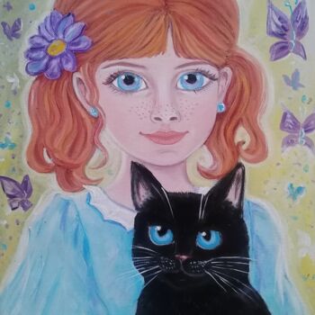 Schilderij getiteld "Girl and cat" door Tatiana Shirova, Origineel Kunstwerk, Olie Gemonteerd op Frame voor houten brancard