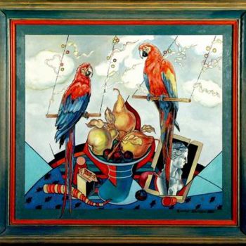 Pintura intitulada "“Попугаи и натюрмор…" por Victor Shmokhin, Obras de arte originais