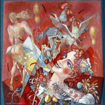 Pintura titulada ""Клоун с петухом".…" por Victor Shmokhin, Obra de arte original
