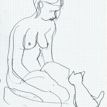 Dessin intitulée "Jeune Fille au Chat" par Amos Zelikson, Œuvre d'art originale, Encre