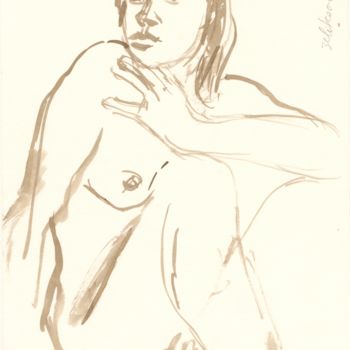 Drawing titled "Femme Nue Assise" by Amos Zelikson, Original Artwork, Ink