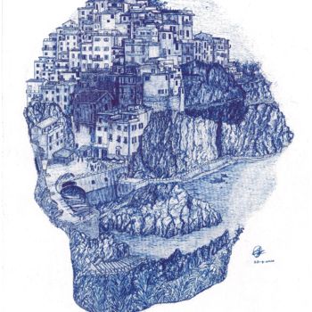 Drawing titled "Cinque Terre, Italy" by Shorove, Original Artwork, Gel pen