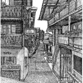 Drawing titled "Wooden houses from…" by Shorove, Original Artwork, Ink