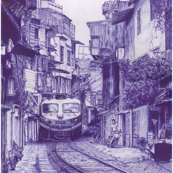 Dessin intitulée "Hanoi Train Street,…" par Shorove, Œuvre d'art originale, Stylo à bille