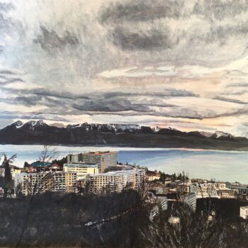 Painting titled "Lausanne from Sauva…" by Shoujie Sun, Original Artwork, Watercolor