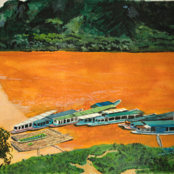 Painting titled "Des bateaux sur le…" by Shoujie Sun, Original Artwork, Watercolor