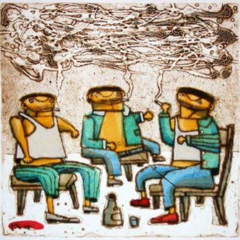 Druckgrafik mit dem Titel "smokers" von Yury Shtapakov, Original-Kunstwerk