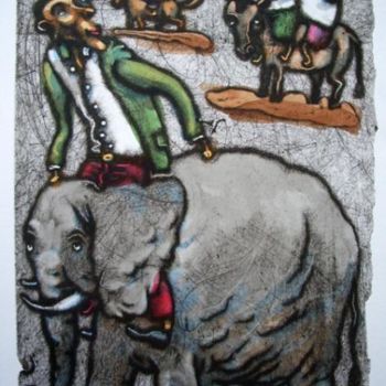 Druckgrafik mit dem Titel "ride on the elephant" von Yury Shtapakov, Original-Kunstwerk