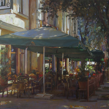 Pittura intitolato "'Cafe on the Deriba…" da Andrii Shumskyi, Opera d'arte originale, Olio