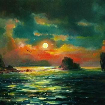 Malarstwo zatytułowany „Moon Night at Sea” autorstwa Vladislav Shurganov, Oryginalna praca, Olej