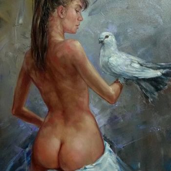 Ζωγραφική με τίτλο "Girl and pigeon" από Vladislav Shurganov, Αυθεντικά έργα τέχνης, Λάδι