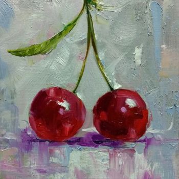 Malarstwo zatytułowany „Two cherries on whi…” autorstwa Vladislav Shurganov, Oryginalna praca, Olej