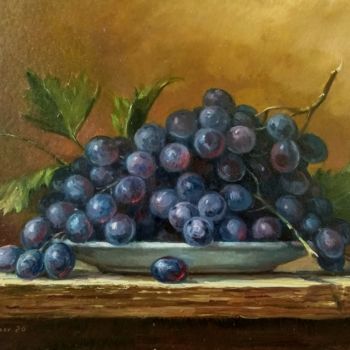 Peinture intitulée ""Grapes on a plate"" par Vladislav Shurganov, Œuvre d'art originale, Huile