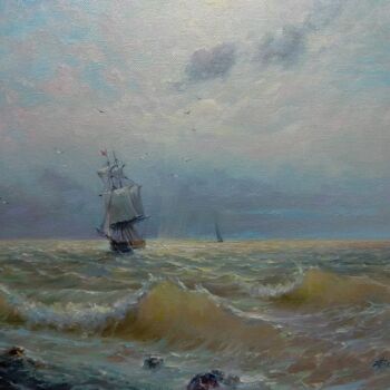 Peinture intitulée ""Ship off the coast"" par Vladislav Shurganov, Œuvre d'art originale, Huile