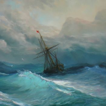 Pittura intitolato "Ship in stormy sea" da Vladislav Shurganov, Opera d'arte originale, Olio