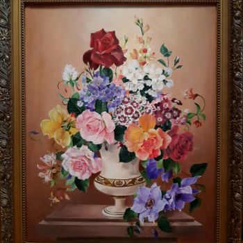 Painting titled "Flowers" by Tetiana Shvets, Original Artwork, Oil Mounted on Wood Stretcher frame