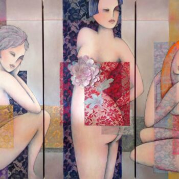 「Lace」というタイトルの絵画 Sibilla Bjarnasonによって, オリジナルのアートワーク, コラージュ ウッドストレッチャーフレームにマウント