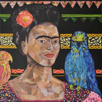 Collages intitulée "Frida aux perroquets" par Sido Collages, Œuvre d'art originale