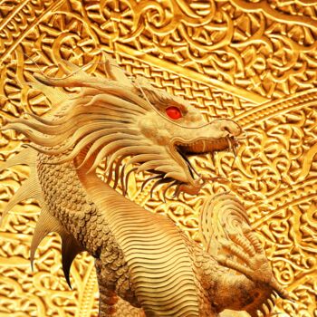 Printmaking titled "The Golden Dragon" by Siegfried Säuberlich, Original Artwork, Engraving Mounted on Wood Panel