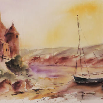 Painting titled "Marée basse au Conq…" by Lisa, Original Artwork, Watercolor