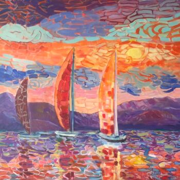 Malarstwo zatytułowany „Sailing into sunset” autorstwa Siham Itani, Oryginalna praca, Akryl Zamontowany na Drewniana rama no…