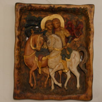 Γλυπτική με τίτλο "Saint George and Sa…" από Siko, Αυθεντικά έργα τέχνης, Ξύλο