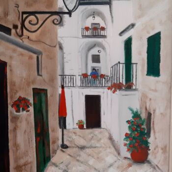 Painting titled "Vicolo mediterraneo" by Silvana Gatti, Original Artwork, Oil Mounted on Wood Stretcher frame