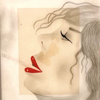 Painting titled "La fumeuse" by Simart, Original Artwork, Pencil Mounted on Cardboard