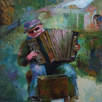Painting titled "Blind accordionist" by Serhii Simkhe, Original Artwork, Oil Mounted on Wood Stretcher frame