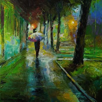 Painting titled "Rainy Evening" by Serhii Simkhe, Original Artwork, Oil Mounted on Wood Stretcher frame