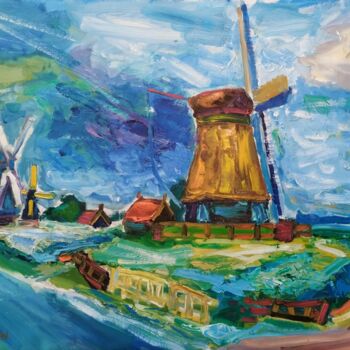 Painting titled "Dutch landscape by…" by Simon Borst, Original Artwork, Oil Mounted on Other rigid panel