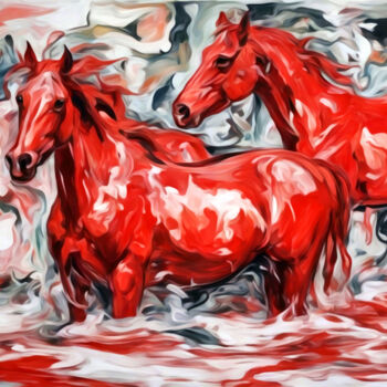 Digital Arts titled "bathing red horses" by Simon Levin, Original Artwork, Digital Painting