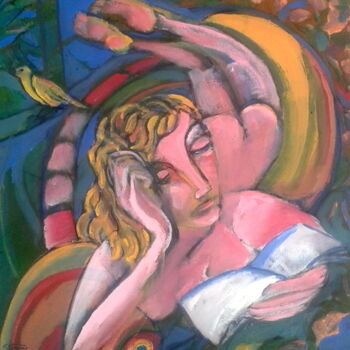 Peinture intitulée "woman & bird" par Simon Taylor, Œuvre d'art originale