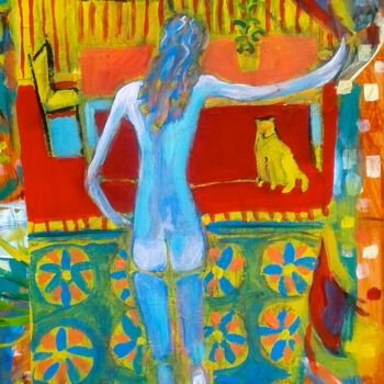 Painting titled "woman/curtain" by Simon Taylor, Original Artwork