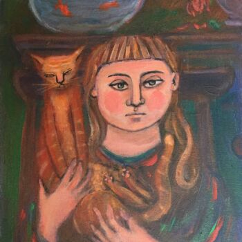 Painting titled "girl with cat 3" by Simon Taylor, Original Artwork, Acrylic