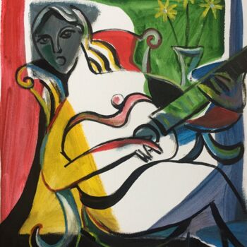 Painting titled "woman  & guitar 5" by Simon Taylor, Original Artwork, Acrylic