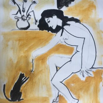 Pintura intitulada "woman and cat sketch" por Simon Taylor, Obras de arte originais, Acrílico