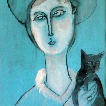 Painting titled "woman and cat -4" by Simon Taylor, Original Artwork, Oil