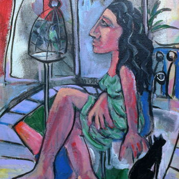 Painting titled "woman seated with c…" by Simon Taylor, Original Artwork