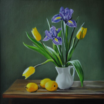 Painting titled "Still life with flo…" by Simona Tsvetkova, Original Artwork, Oil Mounted on Wood Stretcher frame